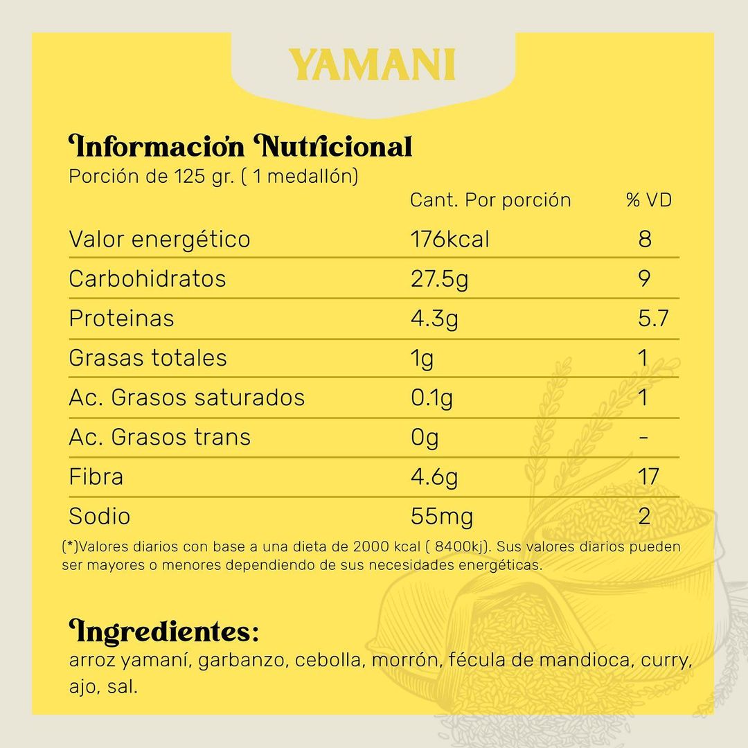 Imagen de información nutricional del medallón de yamani